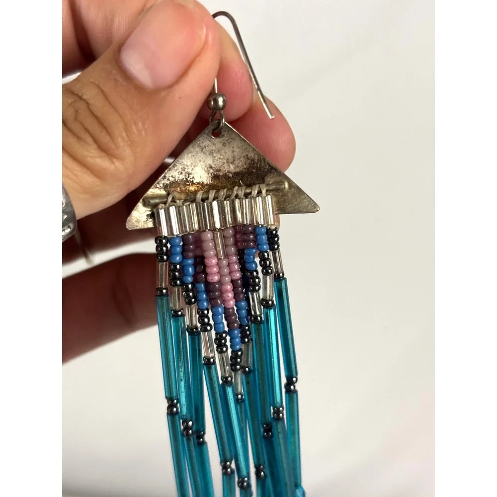 Vintage Southwestern Beaded Fringe Dangle Earrings Blue Glass‎ Tube Beads